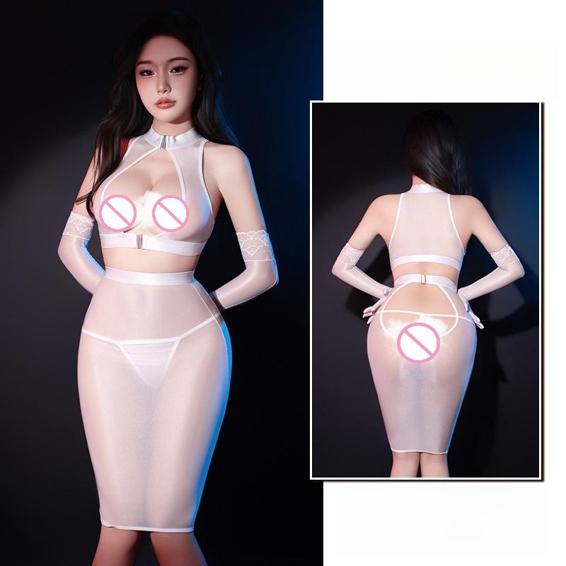 Damen Sexy Dessous Transparent Hohlbrust Verführerische Uniform Hohe Elastizität Ultra-Dünn Seidig Öl Glänzend Glänzend Bodycon Kleider