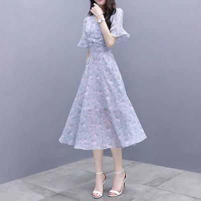 Rochie de vară pentru femei, imprimeu cu flori, tiv larg, curea cu dantelă, lungime până la jumătatea gambei, gât rotund, talie înaltă, mâneci scurte, rochie midi pentru femei
