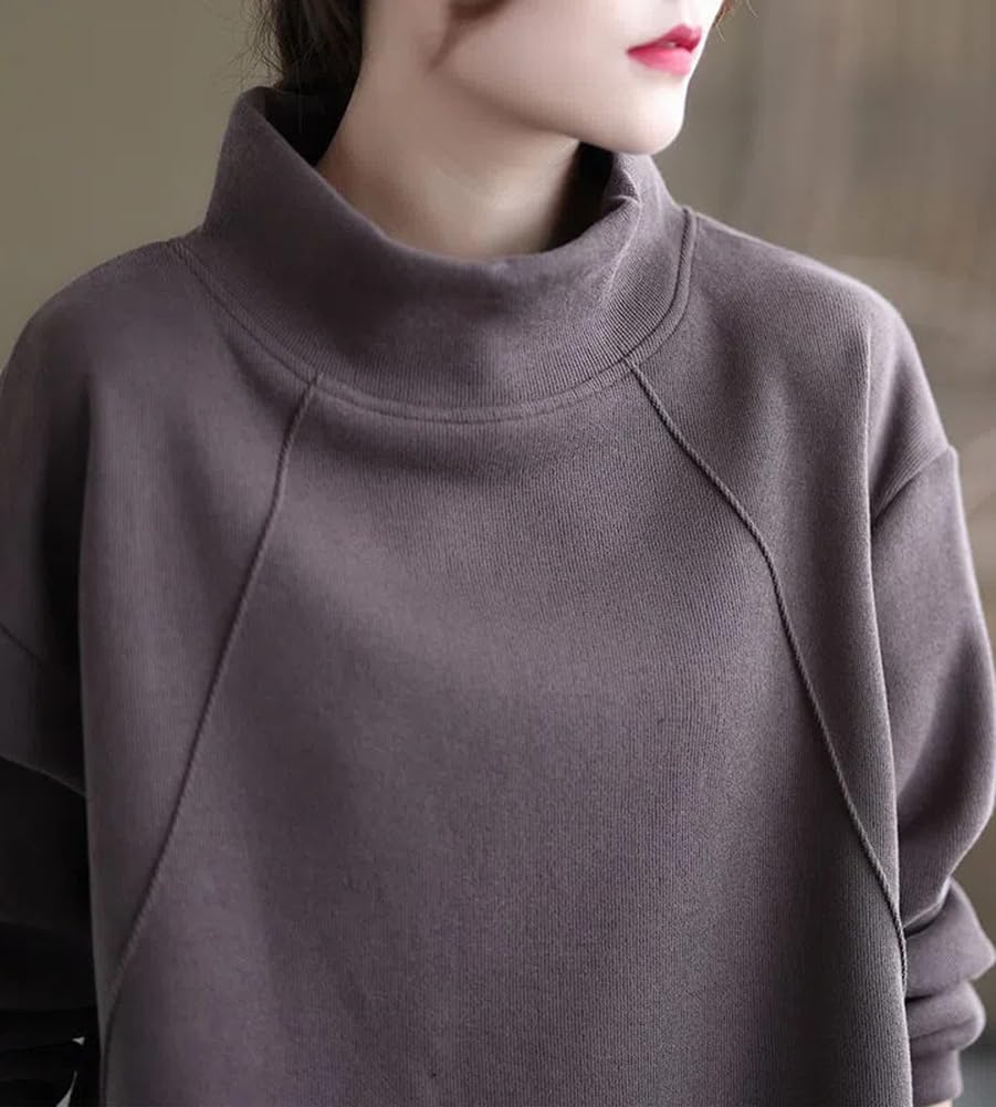 Celetree High Long Plus Solid Warm for and Winter Women's Sweatshirt, Neck, Fleece-Lined, Sleeves, Sizes, Color, Spring, Autumn, (JP, Alphabet, XL,
