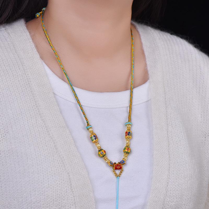 Tibetan Handmade Thangka Pendant Rope Necklace with Amber Charm