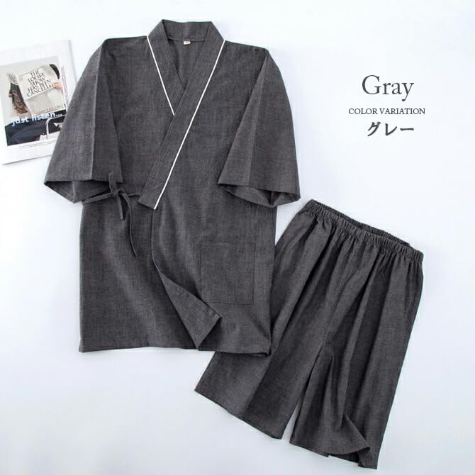 Jinbei pyjamas for kjølig overdel og underdel Japansk Dag Grå [Arcade] Menn, 100% bomull, Materiale, Sommer, Tynn, Romklær, Sett, Loungewear, Samue, Stil,