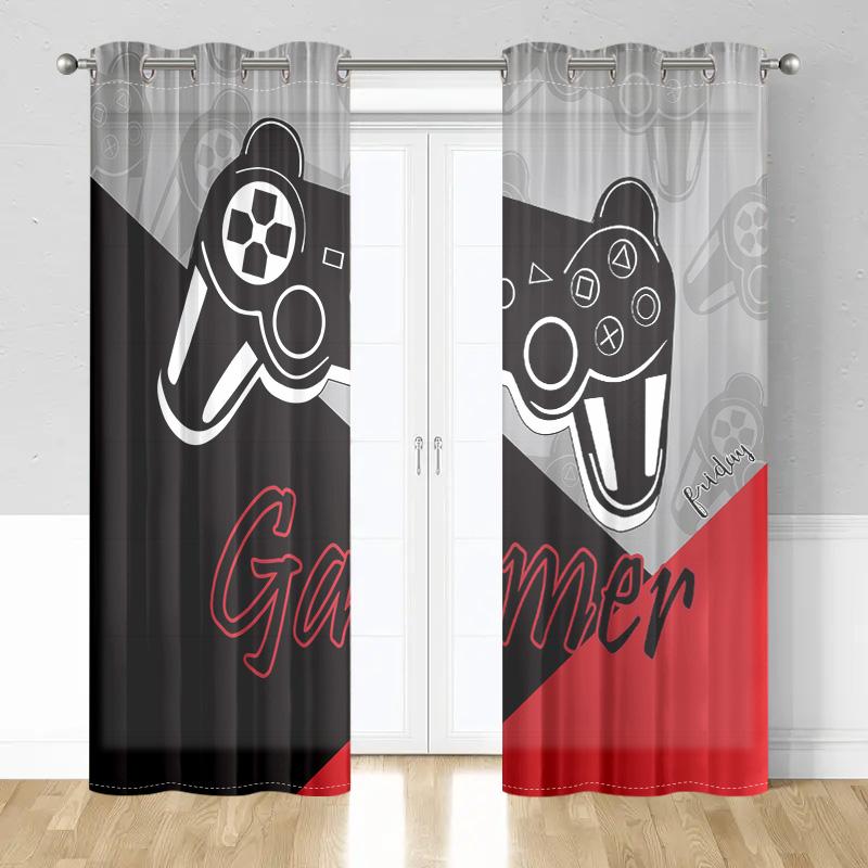 2 Pieces, Game Controller Curtains - Grommet Treatment - Living Room, Bedroom, Home Decoration - Black, Red, and Gray