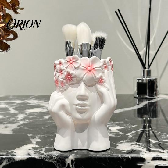 Artistic Cosmetic Brush Cup Storage Box, with Side Face Design, Nordic Style Versatile Makeup Minimalist Container Holder, for Bedroom Dressing Table