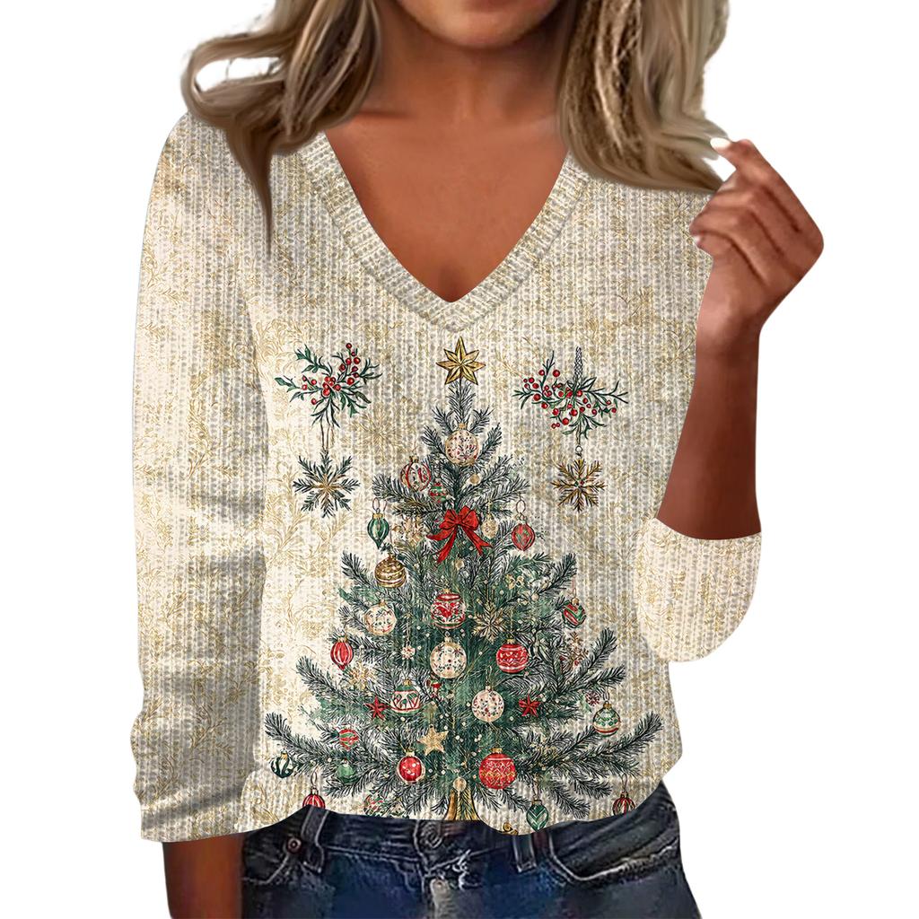 Women's Cute Sweatshirt Knitted Fashion Casual V-neck Long-sleeved Cozy Print Top