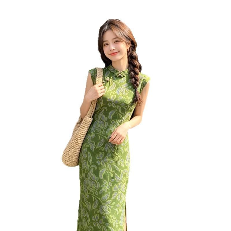 New Chinese style sleeveless young girl green cheongsam 1011 summer new mesh low collar daily wear