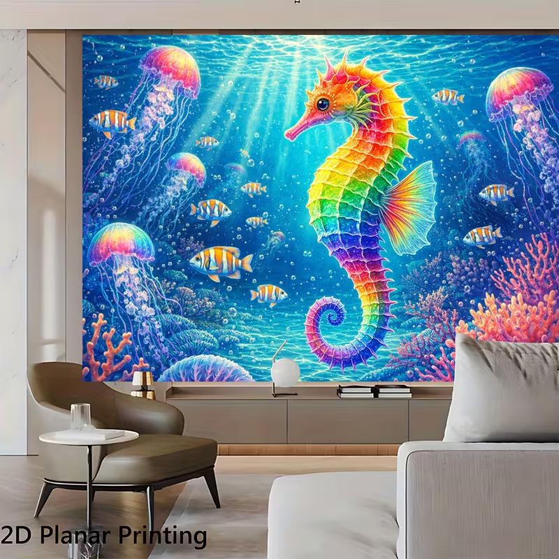 2D Ocean Themed Party Backdrop, Rainbow Seahorse Coral Reef Photo Booth Background Banner