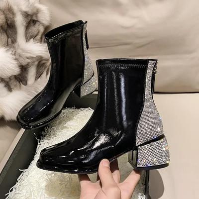 Autumn Women Ankle Boots Platform Rhinestone Square High Heel Ladies Short Boots Elastic Zipper Women's Fashion Boots  New