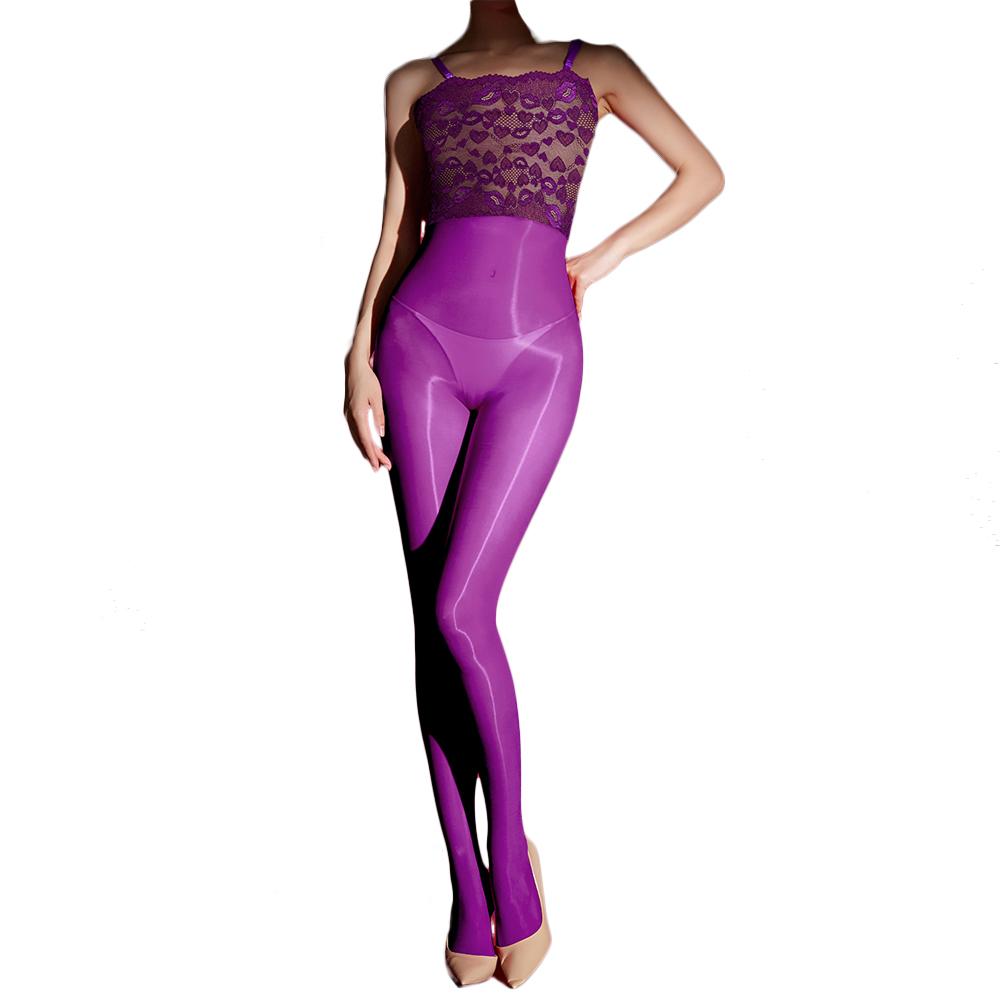Sexy Women 8D 912Pin Thin Lace Maid Bodysuit Elastic Tights Oil Glossy Shiny Kiss Lip Jumpsuit Shaping Leotard Crotchless