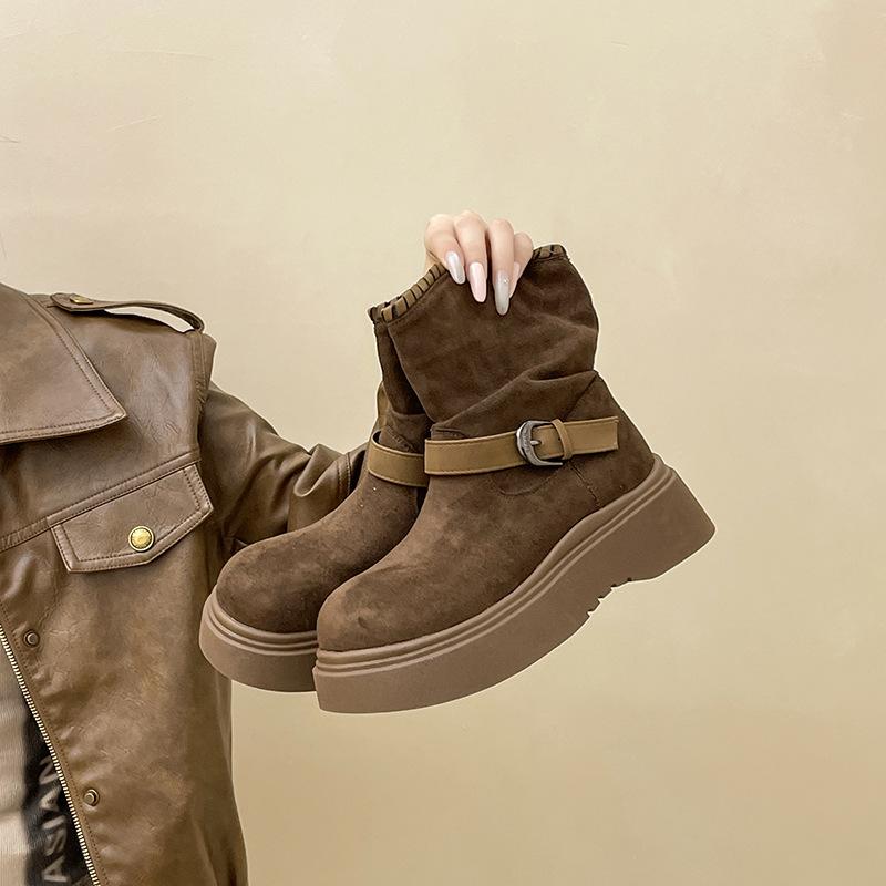 

Пряжка ремня с круглой головкой в стиле ретро, женские ботинки Мартина, модные универсальные ботильоны на шнуровке, модные ботинки с коротким голенищем для осени и зимы 40 темно-коричневого