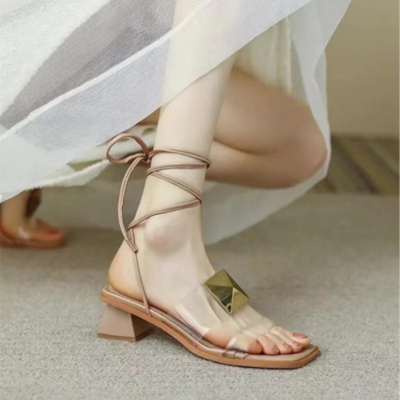 Square Heel Sandals New Summer Square Head Metal Buckle After The Cross Strap Soft Low Anti-slip Wear-resistant Heel Shoes