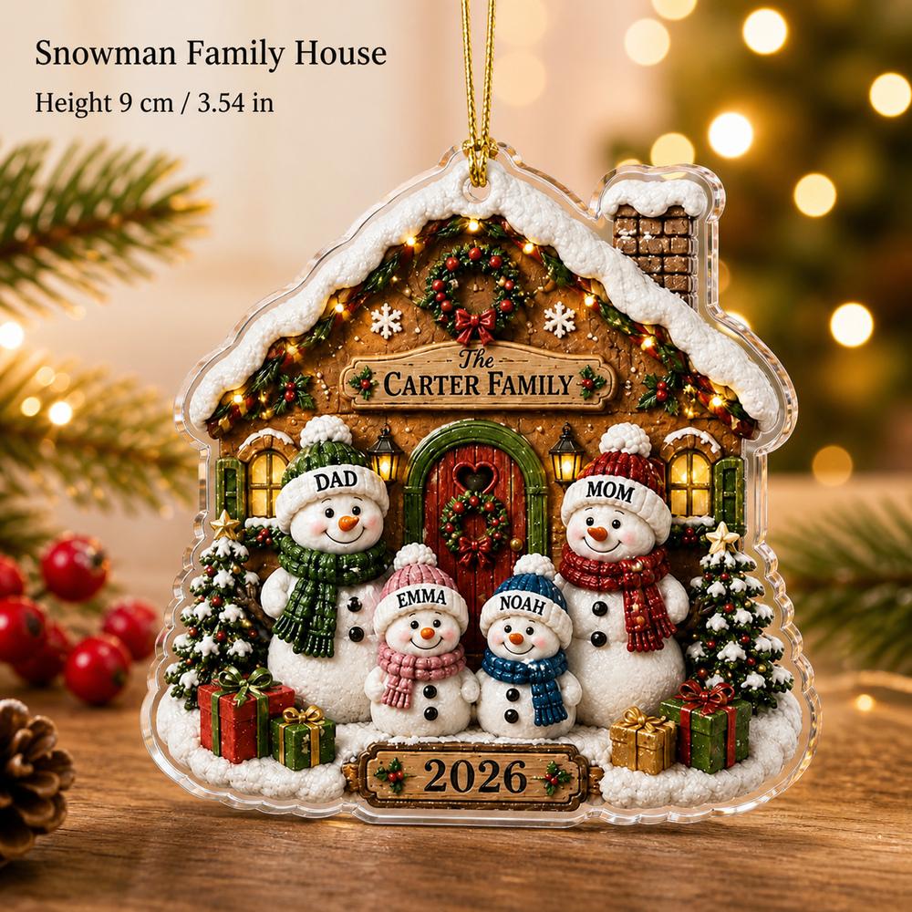 Individueller Schneemann-Weihnachts-Acryl-Anhänger mit Familiennamen, Lebkuchenhaus mit 4 Schneemännern, Personalisierte Weihnachtsbaum-Hänge-Dekoration