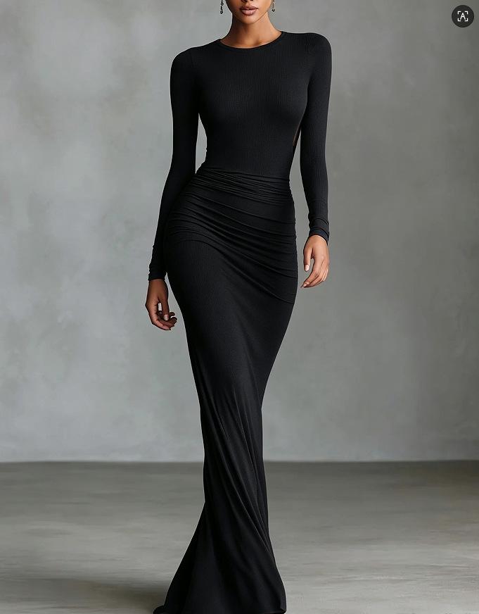European and American women's clothing long-sleeved pleated waist slim-fitting dress, temperament evening dress long dress