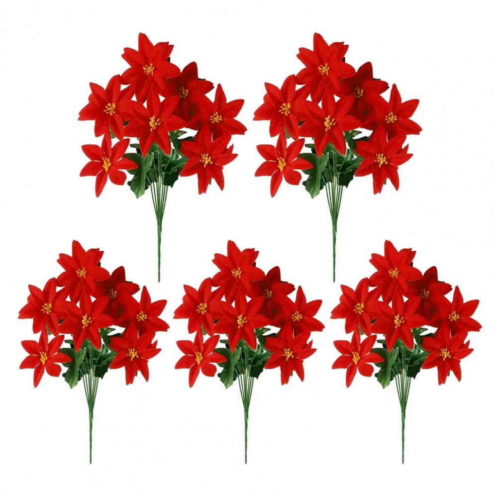 Faux Poinsettia Stems Flowers 13 Inch Artificial Poinsettia Flower Bouquet With 5/7 Heads Faux Silk Christmas Floral Arrangement