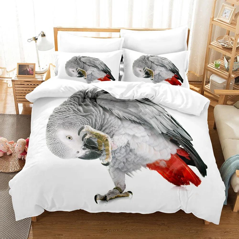 Parrot Duvet Cover Set King/Queen Size, Lovely Gray Parrot Themed Bedding Set For Kids Adults, Trees Bird Duvet Cover, Green