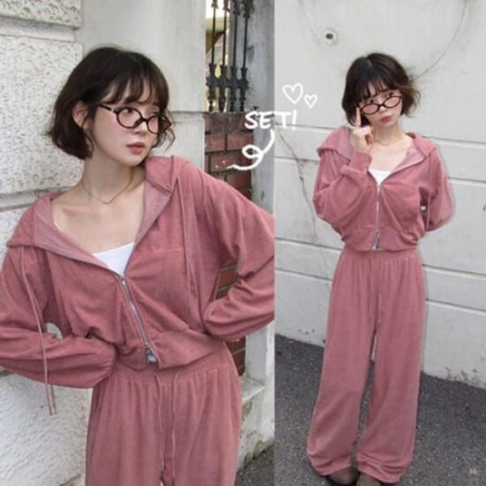 The Pink Women Corduroy Hoodie Zip Up + Banding Wide Pants Set