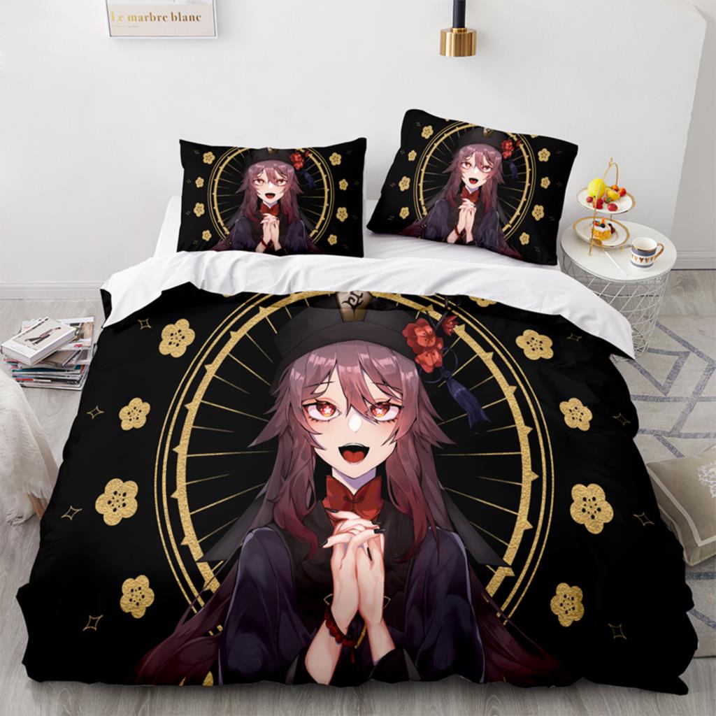 Gaming Genshin Impact Hutao Cosplay Duvet Cover Cartoon Bedding Set Full Size King Bed Comforter Quilt Cover Pillowcase Home