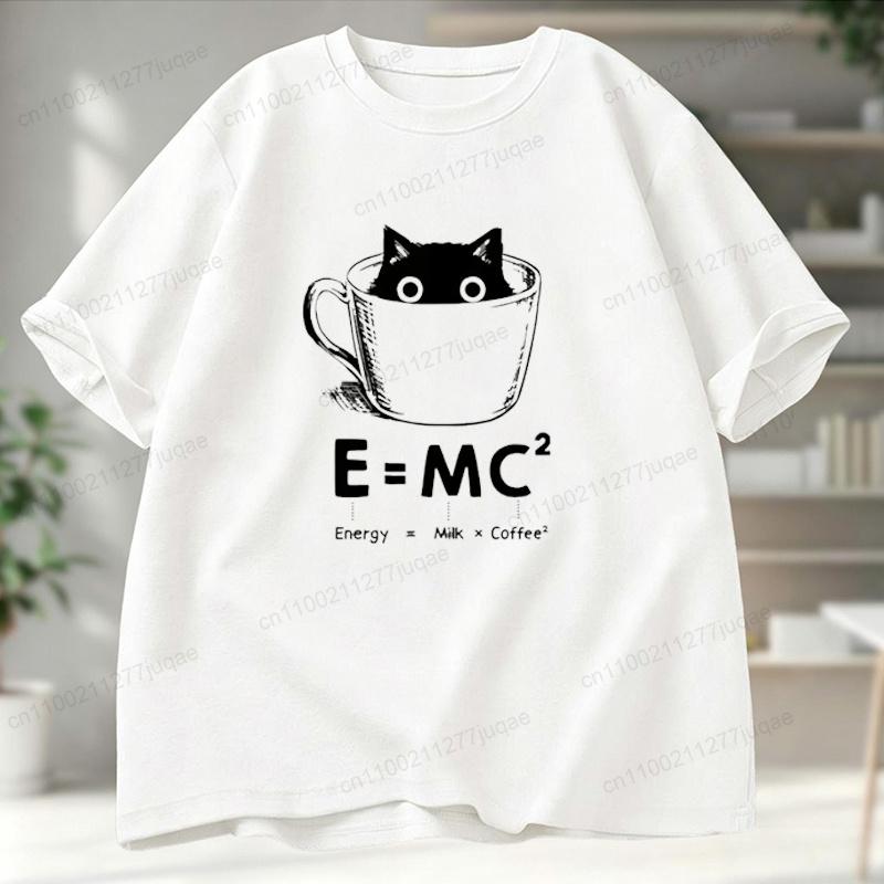 New Fashion T Shirt Cute Cat E=MC2 Milk Coffee Short-sleeve T-shirt Unisex Funny Science Cat Graphic Casual Tee for Women Men
