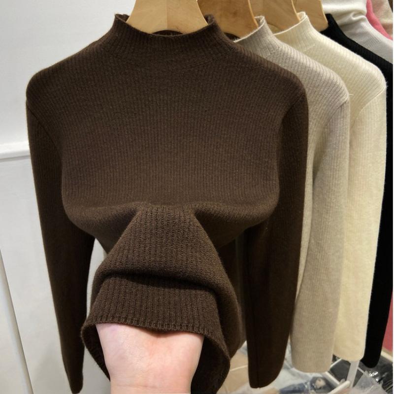 Women's Fleece-Lined and Thickened Half-High Neck Base Layer Sweater for Winter Inner Wear with Integrated Fleece Fabric