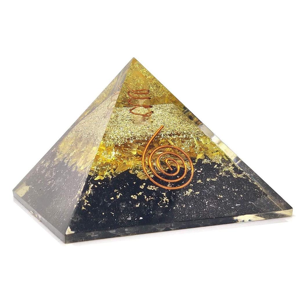 Black Tourmaline Orgone Fantasy Pyramid With Yellow Onyx - Chakra Meditation & Healing Crystal Pyramid