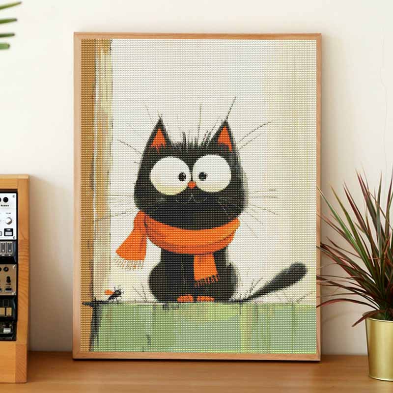 DIY Full Drill Diamond Painting Kit Cute Black Cat Wearing Orange Scarf Rhinestone Art Canvas for Cozy Home Decor Gift Wall Art Decor