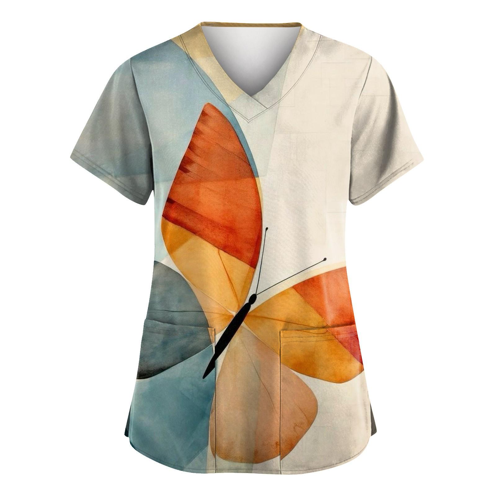 

Женская мода с v-образным вырезом, короткими рукавами и карманами, топы с принтом XL арбуз красный