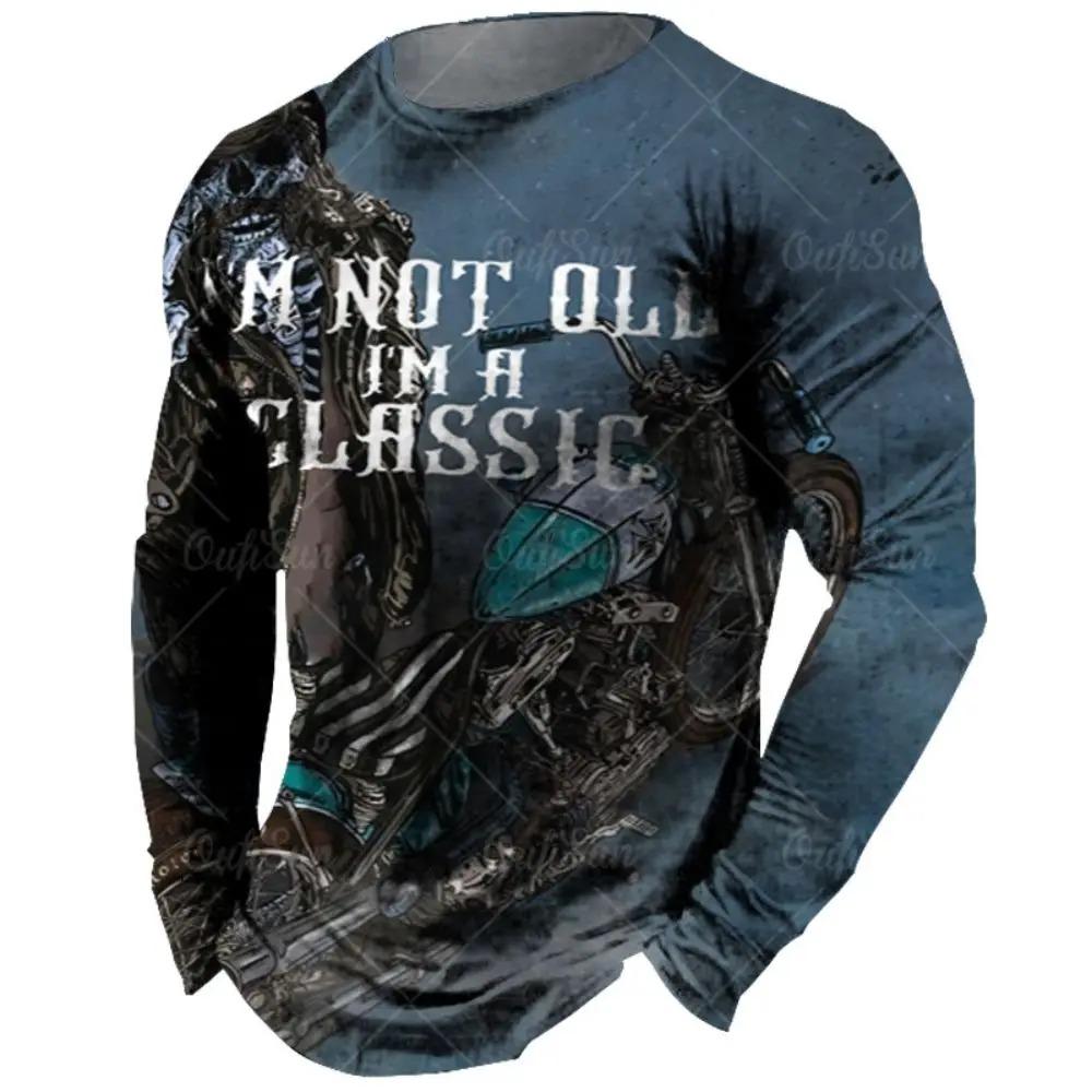 Fashionable Retro 3D Motorcycle Printed Pattern Men's Round Neck Long Sleeved T-shirt