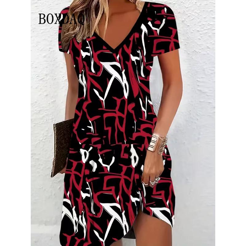 

Abstract Pattern Print Midi Dresses Women 2026 Summer Plus Size Clothing Casual Short Sleeve Fashion Elegant Ladies Loose Dress XL