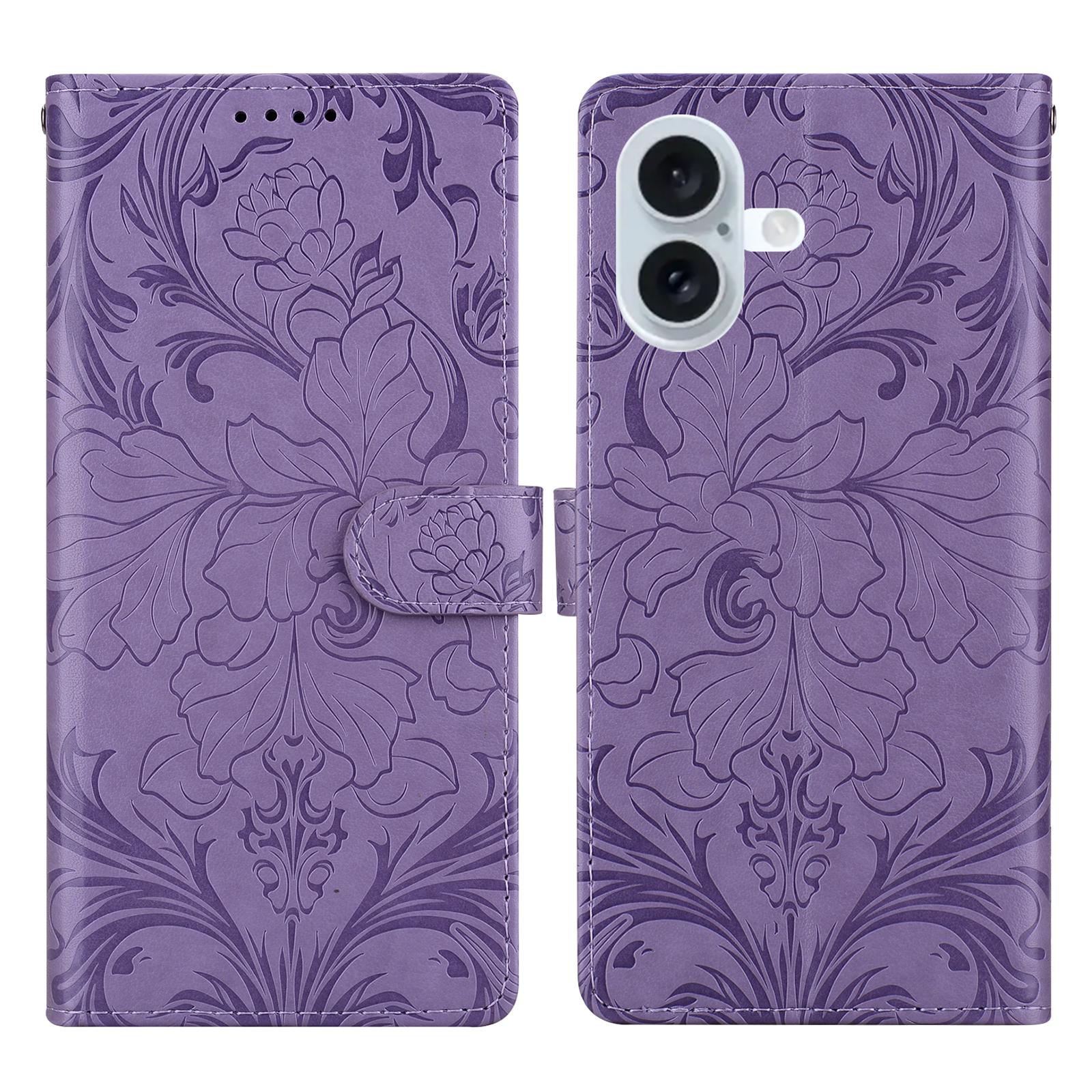

For iPhone 17 Leather Case Imprinted Floral Pattern Wallet Stand Flip Phone Cover Purple