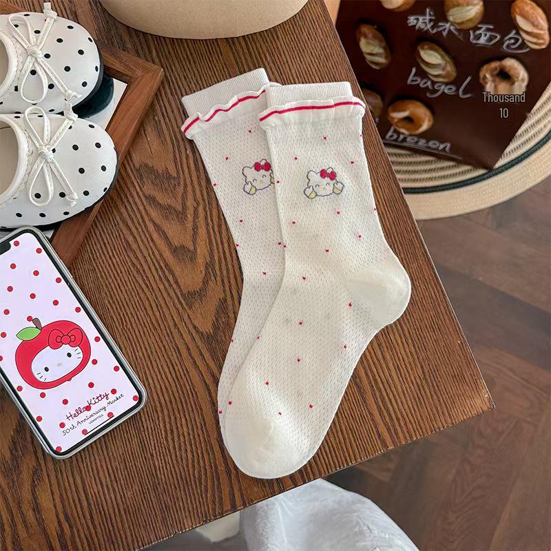 Women s Summer Cartoon Cat Mesh Socks - Breathable, Polka Dot, Bow Knot Design One Size