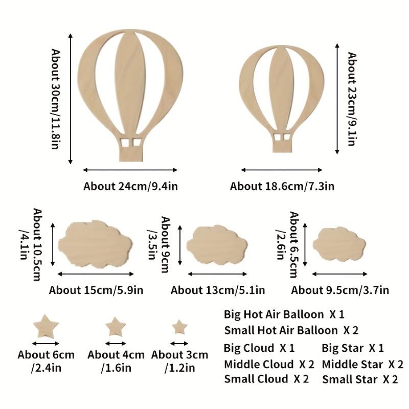 13pcs Nordic Wooden Wall Decals Set Featuring Hot Air Balloon Clouds and Stars for Home Bedroom Cottage Decor DIY Room Banners