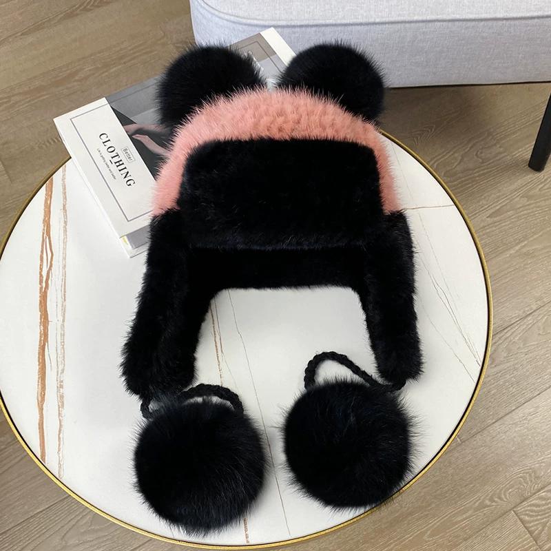Winter New Warm Mink Hair Woven Lei Feng Hat Female Ear Protector Mink Hat Cute Fox Fur Ball Fur Hat Adult（54-59cm）