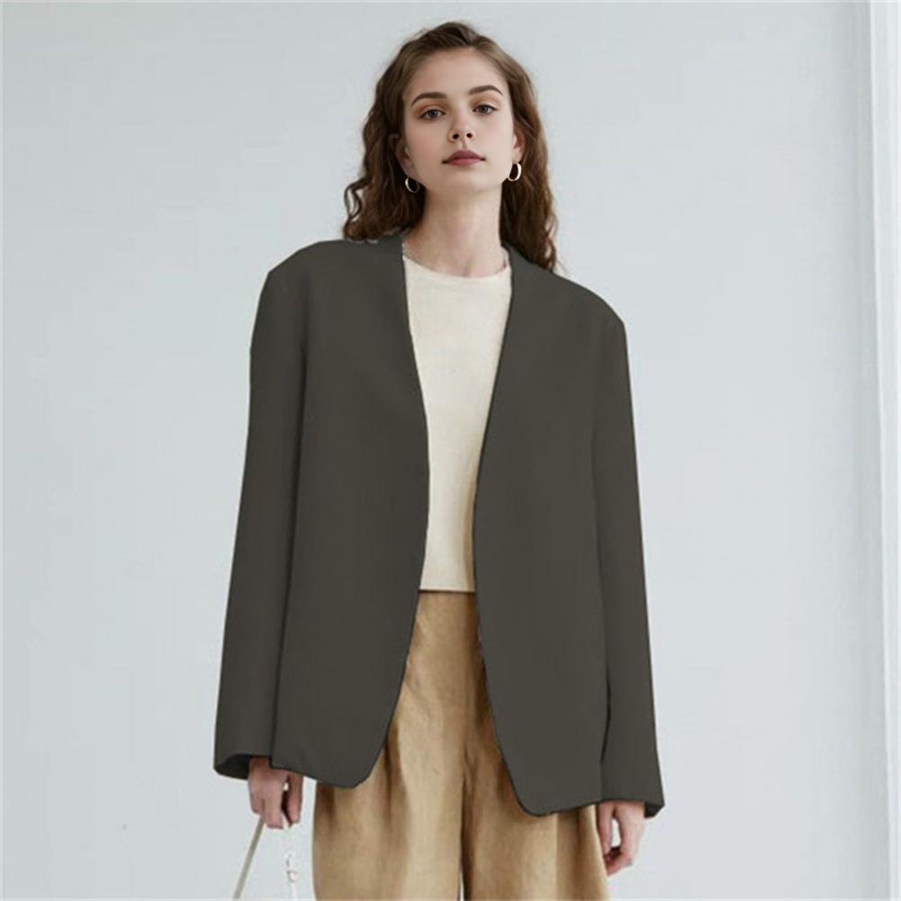 Women Suit Coat Collarless Long Sleeve Open Front Suit Jacket One Tone Relaxed Fit Fit Business Cardigan Office Formal Coat