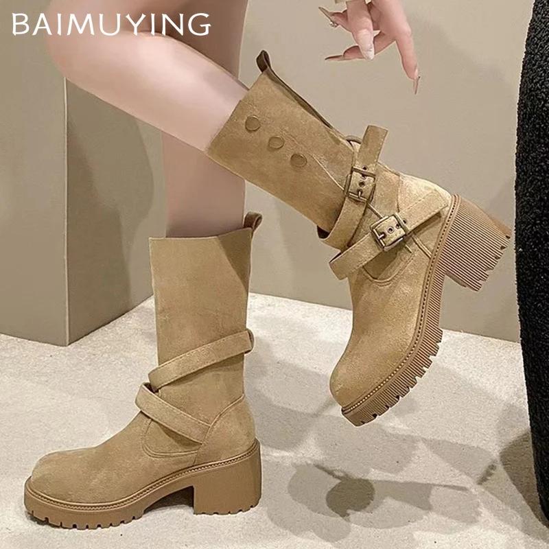 Wildleder Klobige Damen High Boots Designer Schnalle Mittelhohe Absätze Schuhe 2025 Trend Winter Pumps Goth Mid Calf Motorrad Botas De Mujer