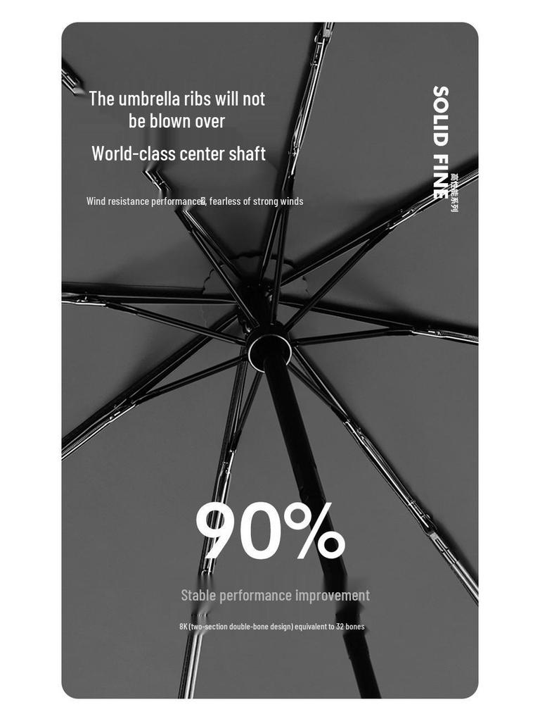 Three-fold Automatic Black UV Protection Umbrella with Double Rib and Wind Resistance for Rain and Shine