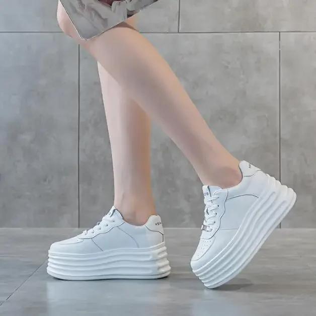 Fashion 7.5CM Genuine Leather Vulcanize Comfy Spring Autumn Ankle Booties Women Platform Chunky Sneaker Loafer White High Brand Shoes