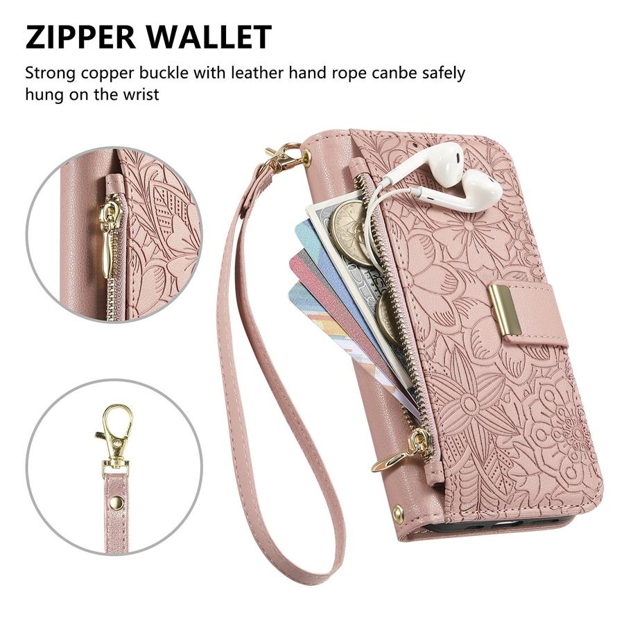 3-in-1 Crossbody Handyhülle aus PU-Leder mit floraler Prägung für OPPO/VIVO/Redmi 6 Kartenfächer + Reißverschluss-Münzfach + Ständer & Abnehmbarer langer Schultergurt