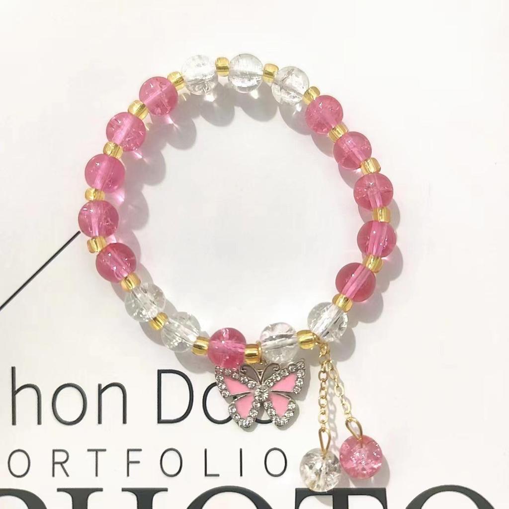 Forest Butterfly Glass Bracelet with Ice-Cracked Flower Beads