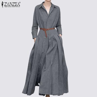 Lässiges langes Damenkleid mit Umlegekragen und langen Ärmeln