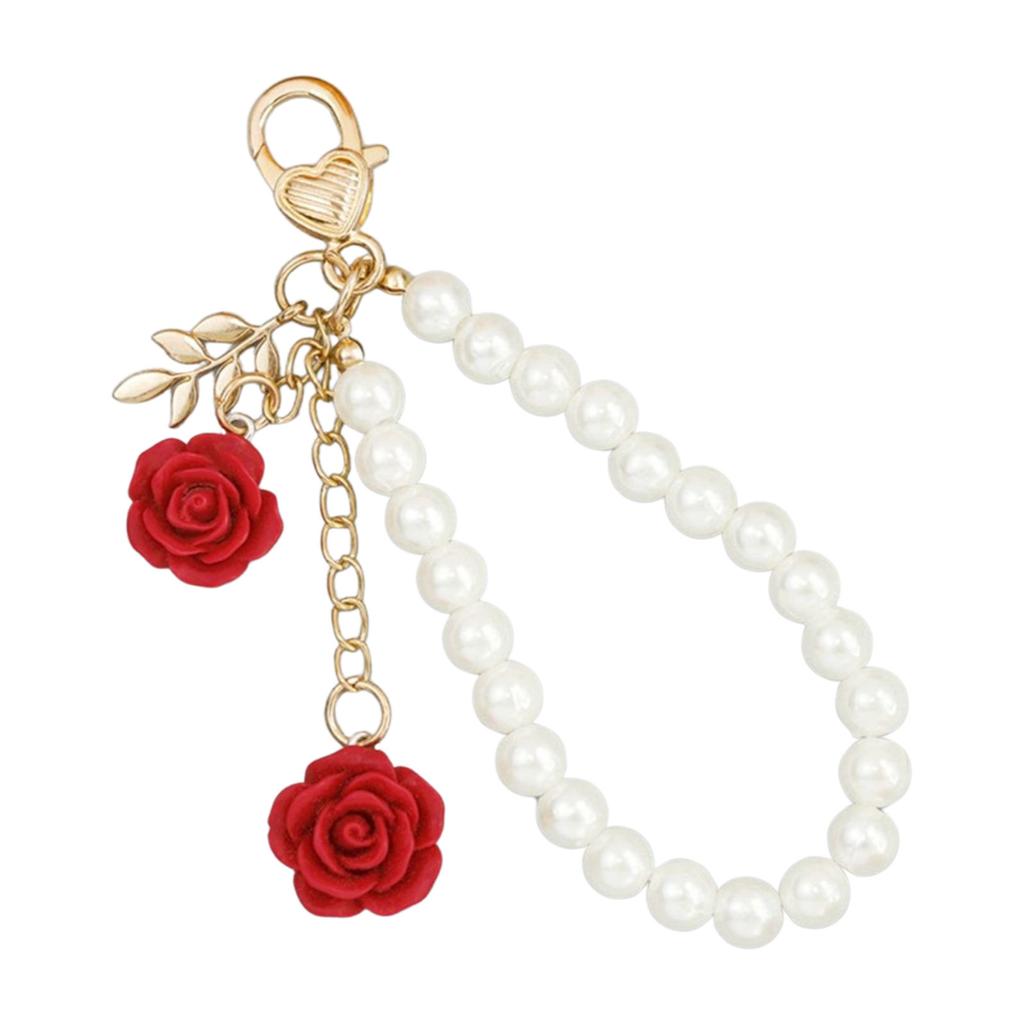 Stylish Faux Pearls and Rose Key Holder Beaded Key Chain Bag Charm Lightweight Keychain Ornament for Women Girls