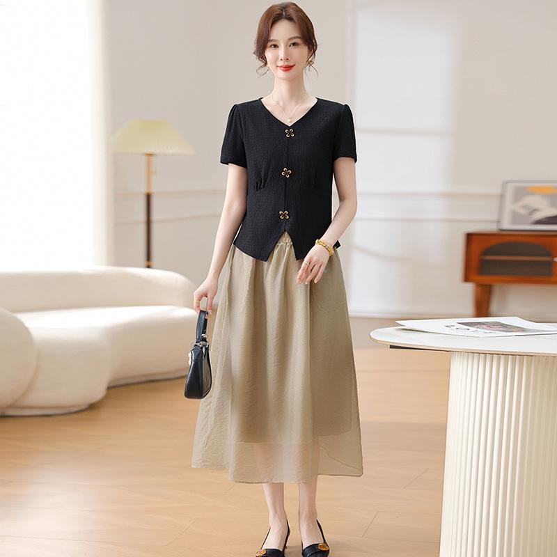2026 Stylish Summer Dress Set for Middle-Aged and Elderly Women - Plus Size Short Sleeve Outfit