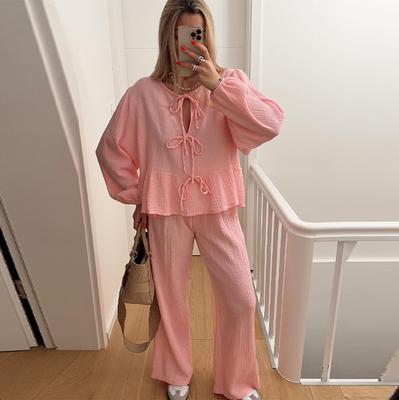 Conjuntos Casuais de Camisas e Calças com Cadarço para Mulheres Branco Gola O Manga Comprida Blusas Soltas Calças Elásticas de Cintura Alta Roupas Femininas