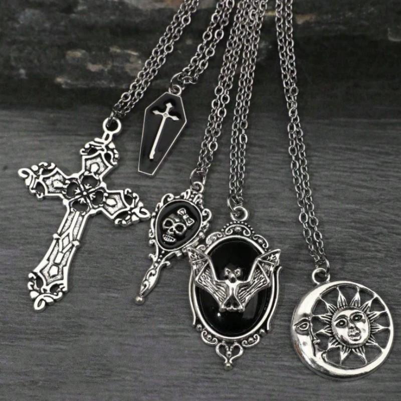 Y2K Gothic Punk Bat Gem Cross Coffin Heart Arrow Star Pendant Necklace