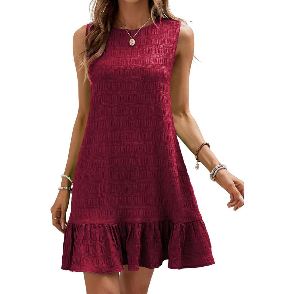 Pleated Fabric Dresses Women O Neck Pullover Sleeveless Splice Hem Dress Female Summer Comfortable Casual Commuter Gown