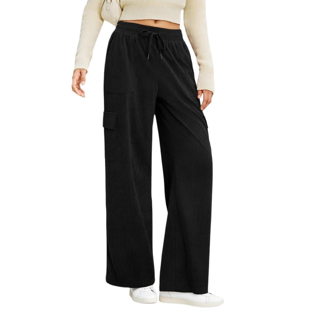 Womens Corduroy Pants Casual High Waisted Elastic Drawstring Cargo Loose Fit Wide Leg Pants With Pockets