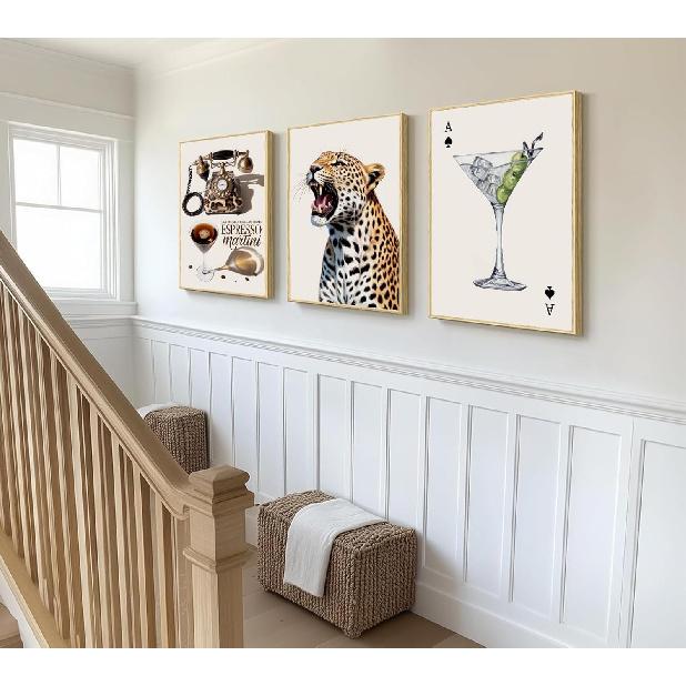 Leopard Set of 3 Canvas Wall Art Trendy Cheetah Wall Decor Painting Pictures Espresso Martini Posters Prints Preppy Aesthetic Artwork for Women