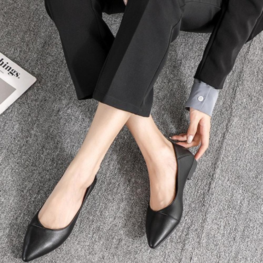 Women's Black Pointed-Toe Work Shoes - Soft Leather Shallow Mouth, Flat Soft-Soled, Comfortable for Interview/Flight Attendant, XCY36-357