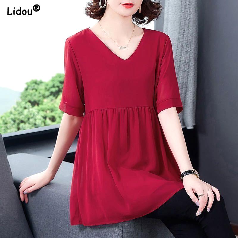 

Элегантные плиссированные свободные лоскутные удобные однотонные футболки простота короткий рукав пуловеры модная повседневная новая женская одежда L красный