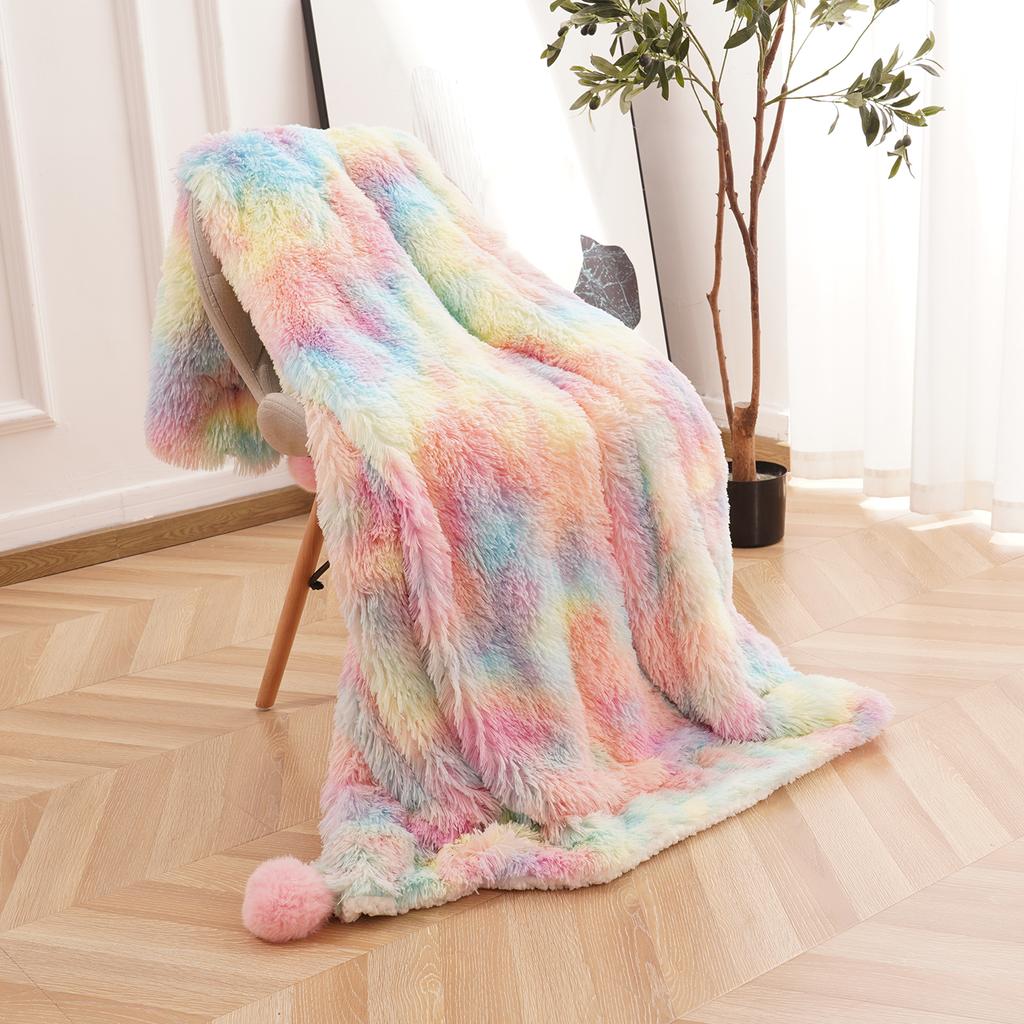 NOAHAS Colorful Plush Hairy Thick Large Blanket Bedding Sofa Cover Furry Fuzzy Throw Blanket with Pom Poms For Decorative Sofa