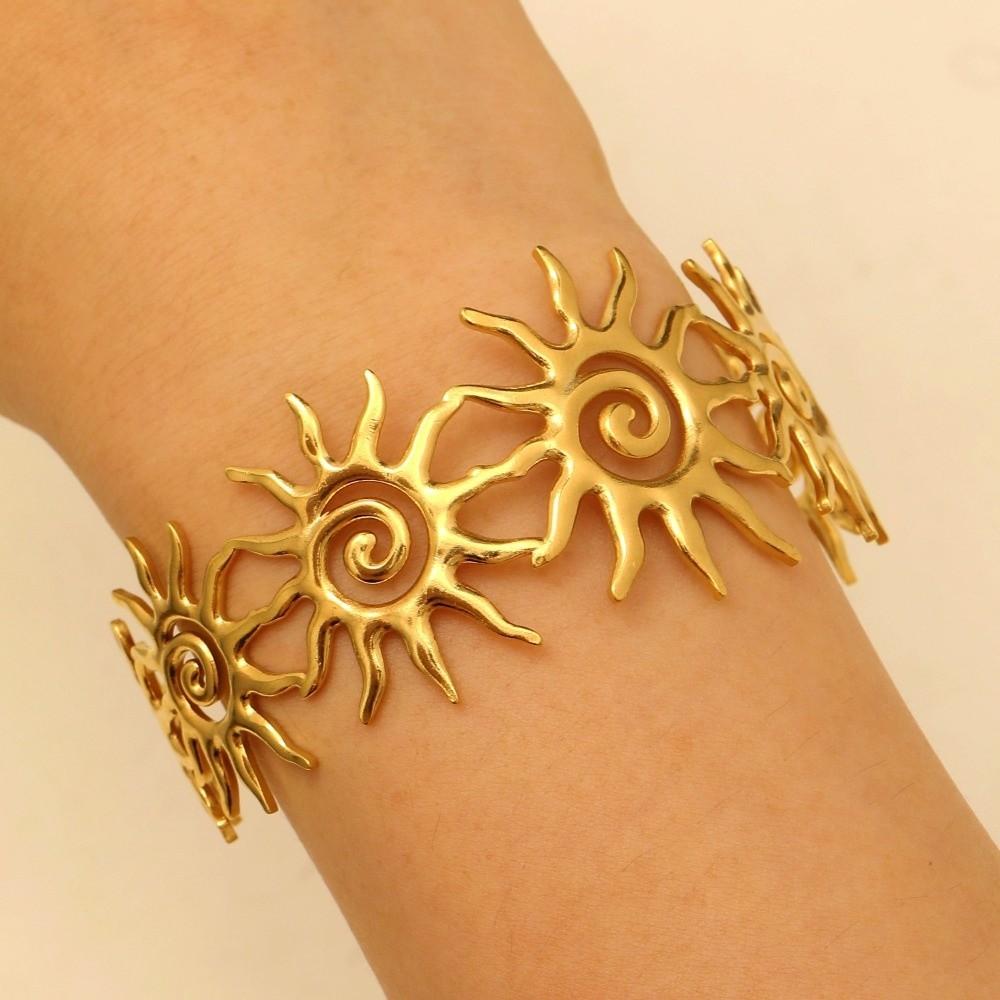 Bracelet spirale soleil couleur or style vintage, manchette élégante, jonc ouvert