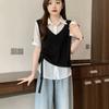 Summer new casual fake two-piece lapel splicing top versatile age-reducing thin short-sleeved contrasting shirt